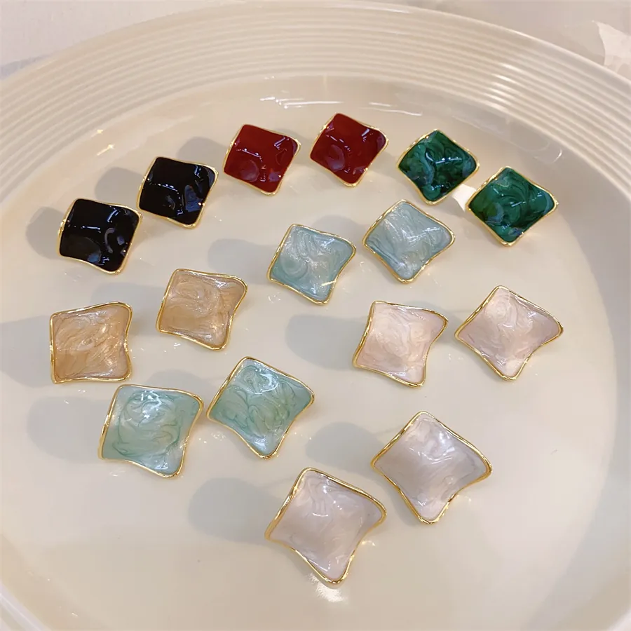 Vintage Geometric Square Enamel Drip Oil Copper Stud Earrings For Women 14k Gold Plated Fashion Jewelry Accessories