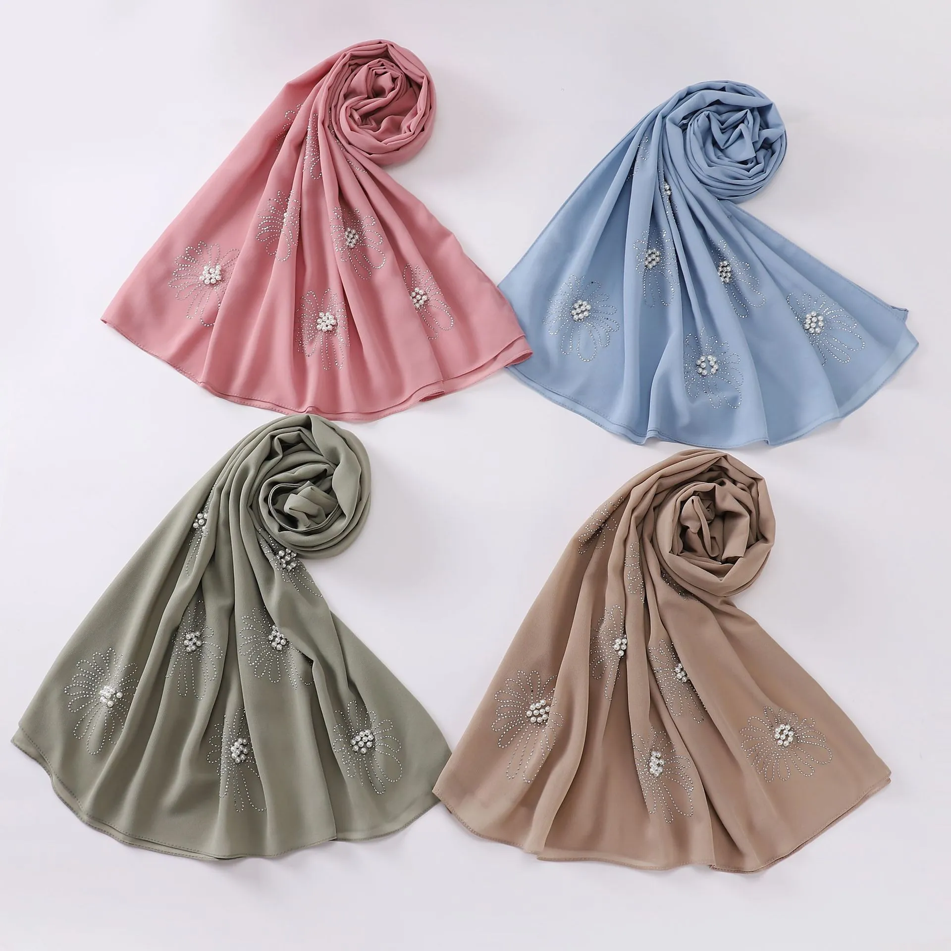 Women Elegant Chiffon Hijab Scarf With Artificial Pearl Flower Rhinestone Decoration Muslim Long Shawl Lightweight Soft Head Wrap