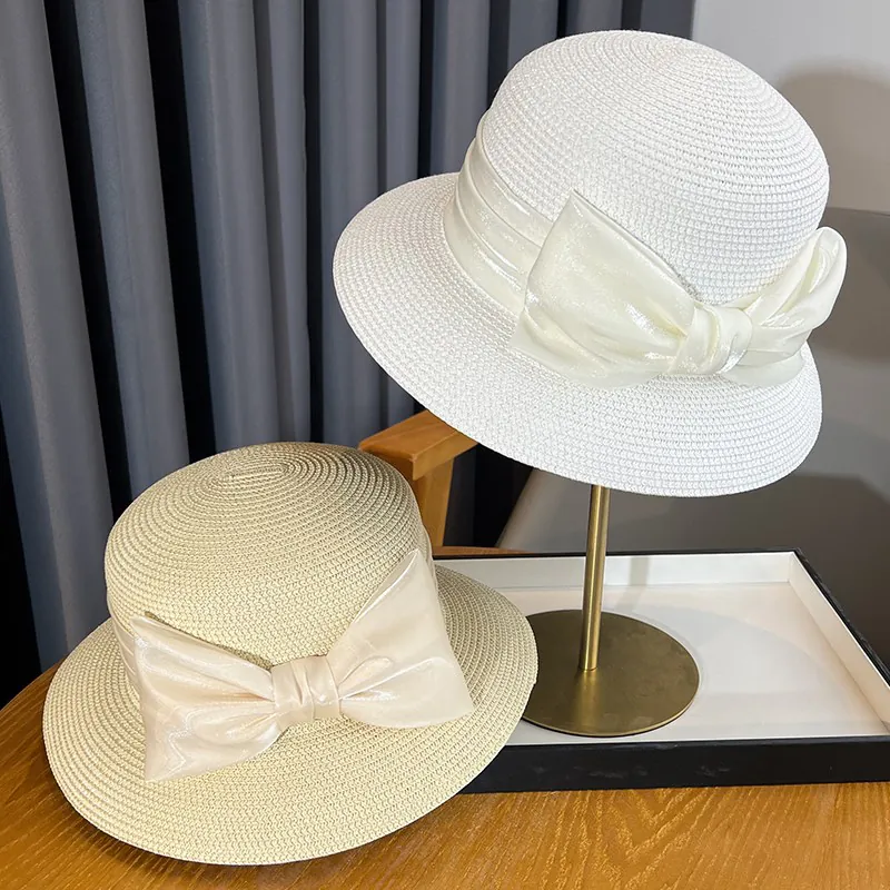 Women Straw Sun Hat Woven Bucket Hat With Large Satin Bow French Hepburn Style Beach Vacation Summer Adjustable