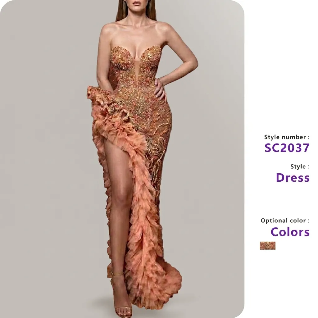 Sequin Evening Gown Strapless High Slit Mermaid Fishtail Dress Mesh Ruffles Elegant Sexy Formal Party For Women Sparkly
