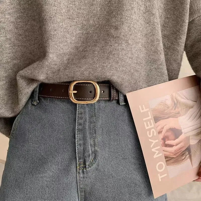 Women PU Leather Belt Versatile Jeans Waistband With Alloy Pin Buckle And Contrast Stitching Detail Fashion Accessory