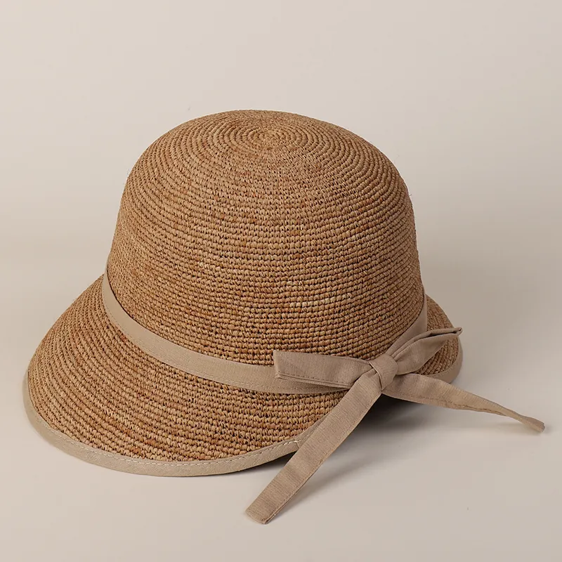 Raffia Straw Cloche Sun Hat Elegant Wide Brim Bow Decor Foldable Split Back Summer Beach Protection For Women
