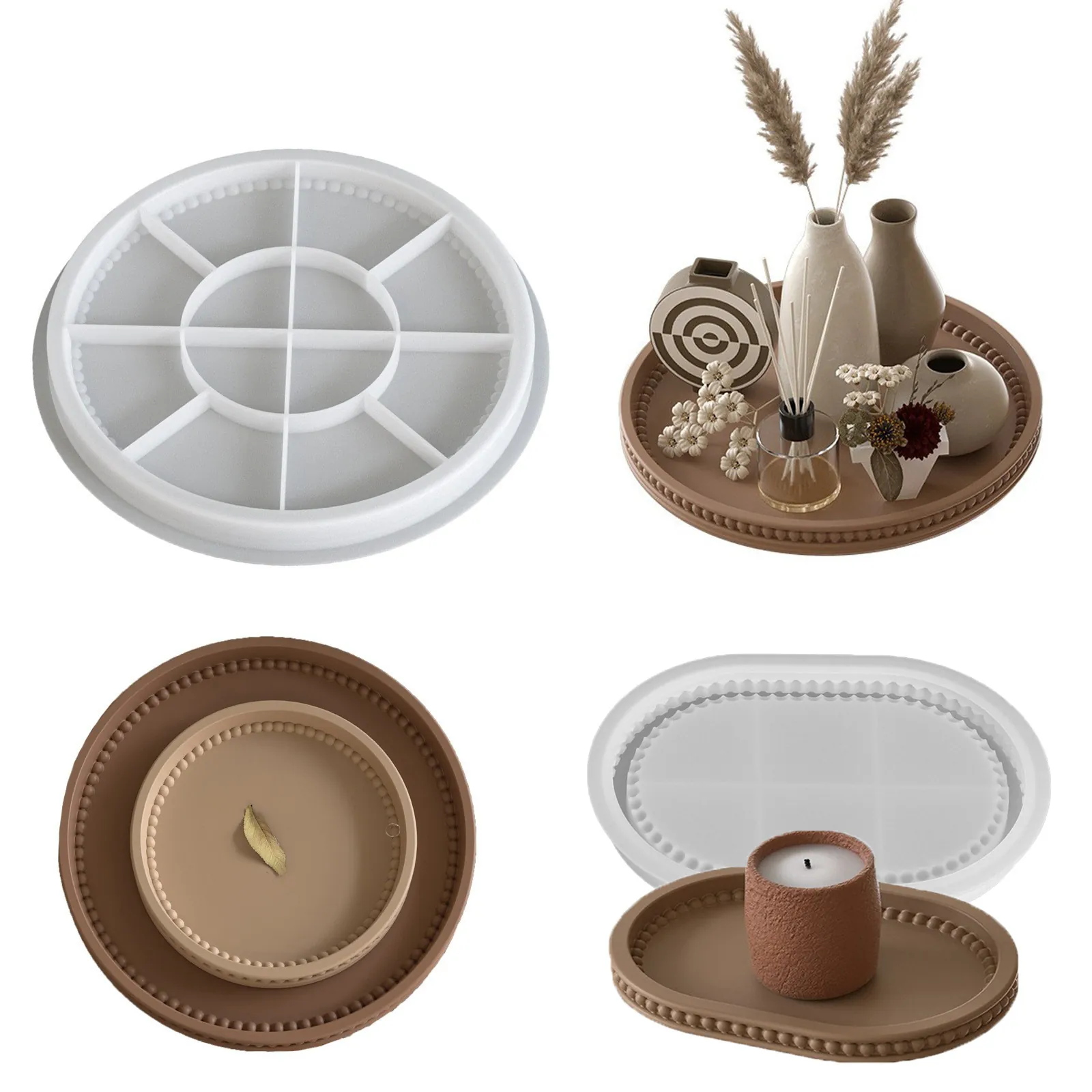 Silicone Tray Mold Beaded Artificial Pearl Edge Round Oval Plate Casting Tools DIY Resin Plaster Decor Storage Organizer Dish
