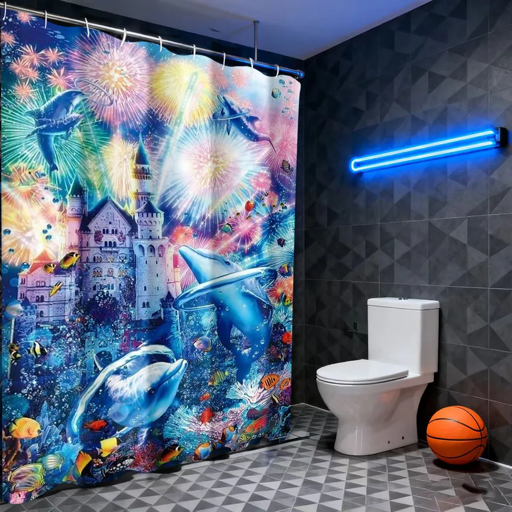 Fantasy Underwater World Shower Curtain Waterproof Polyester With Hooks 3D Dolphin Castle Fireworks Print Bathroom Decor