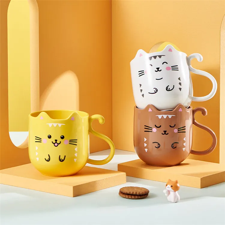 Cartoon Cat Dog Mouthwash Cup PP Plastic Tail Handle Bathroom Brushing Tumbler For Kids Students Cute Novelty Drinkware