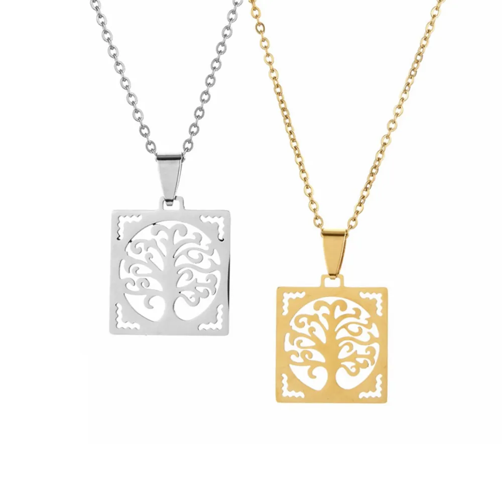 Collier Pendentif Arbre De Vie Minimaliste Acier Inoxydable Carré Creux Géométrique Bijoux Pour Hommes Femmes Unisexe