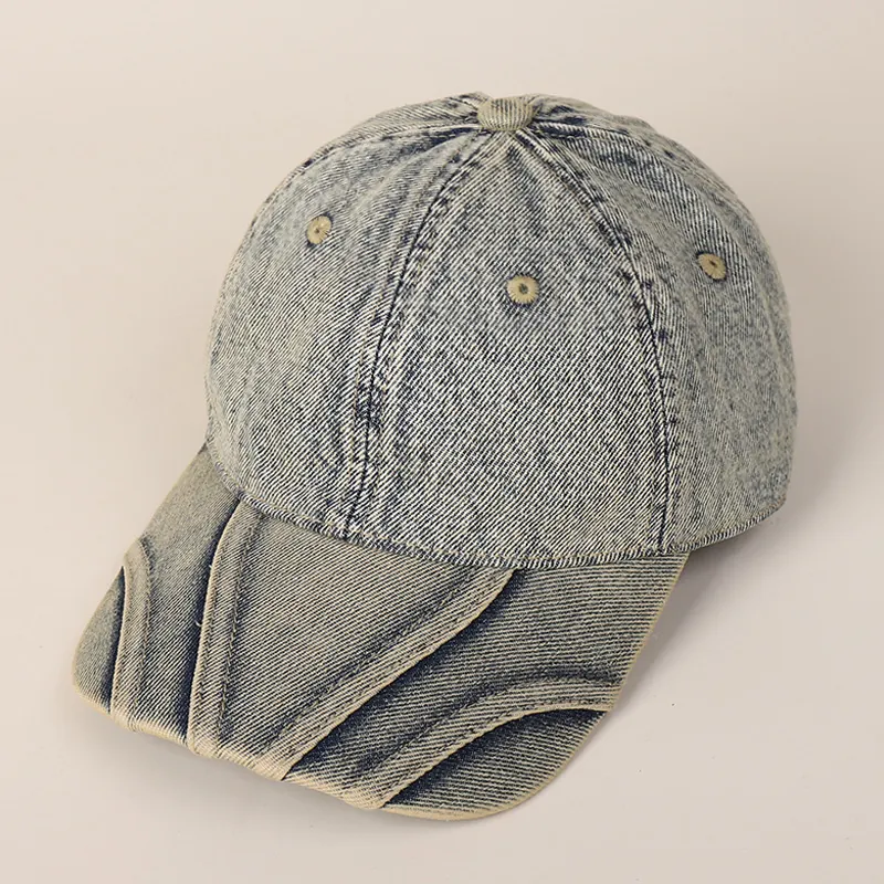 Washed Denim Baseball Cap Retro Distressed Multi Layer Brim Cotton Adjustable Vintage Sun Hat For Men And Women