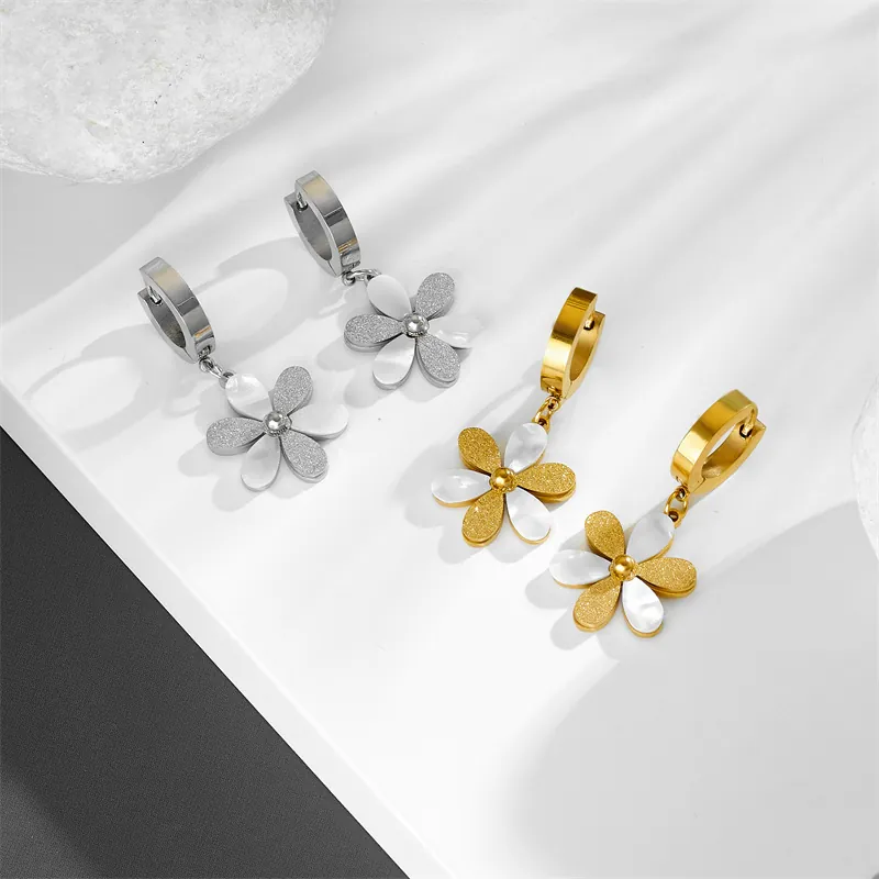 Stainless Steel Flower Earrings For Women Frosted Petals Mother Of Artificial Pearl Shell Style Lever Back Hoop Elegant Jewelry