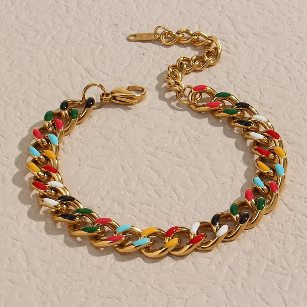 Women's Punk Hip Hop Thick Gold Stainless Steel Cuban Link Bracelet With Colorful Enamel Geometric Fashion Jewelry