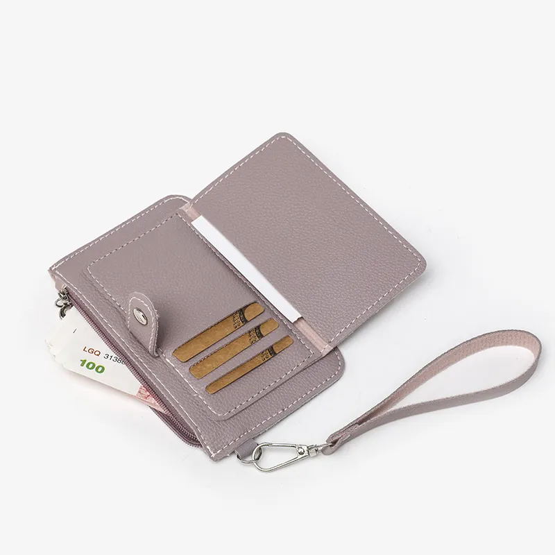 Mini PU Leather Coin Purse Card Holder With Zipper Pocket Snap Button And Detachable Wristlet Strap Litchi Pattern