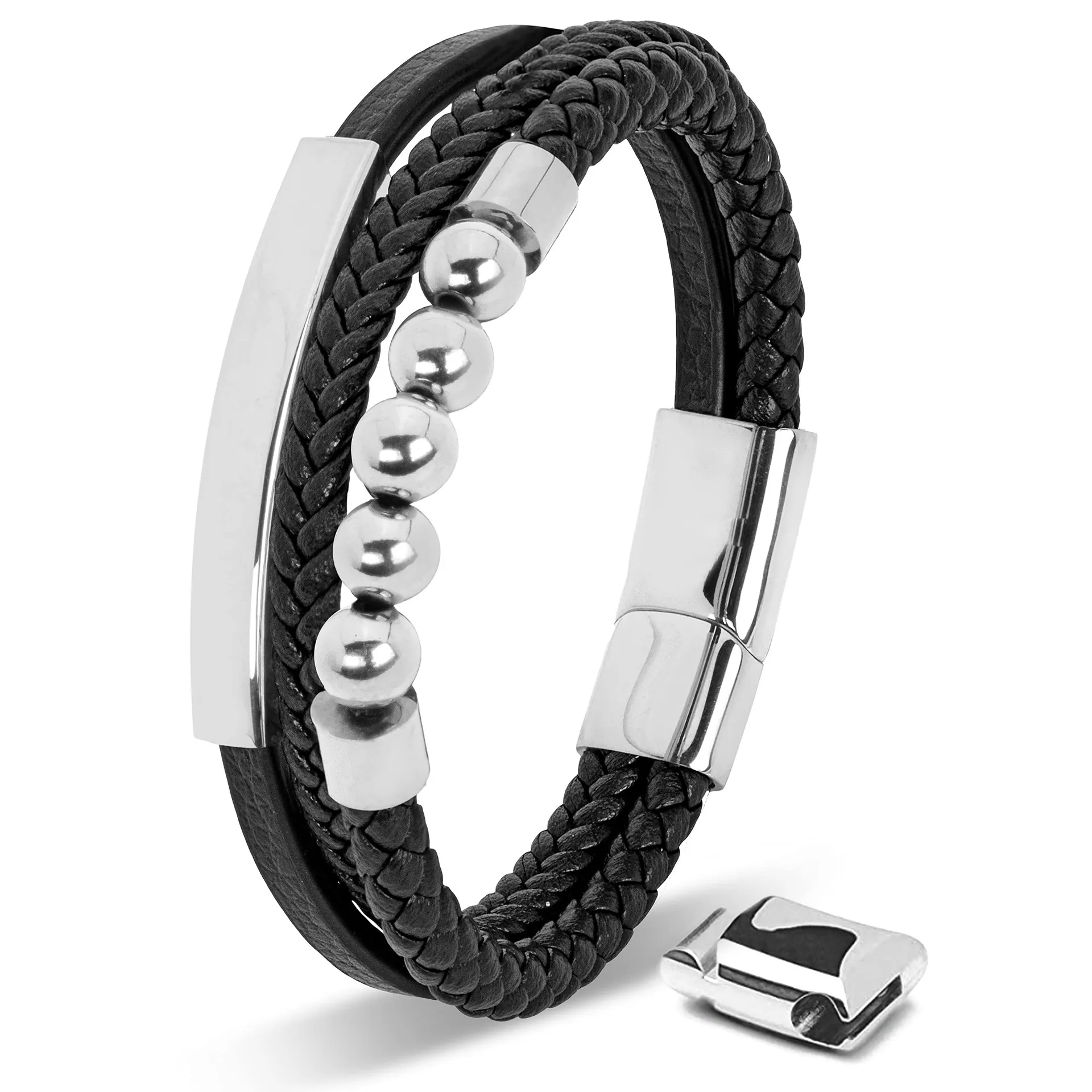 Multi-layer Men Bracelet Stainless Steel Black Leather Braided Rope Magnetic Buckle Metal Beads Trendy Fashion Jewelry
