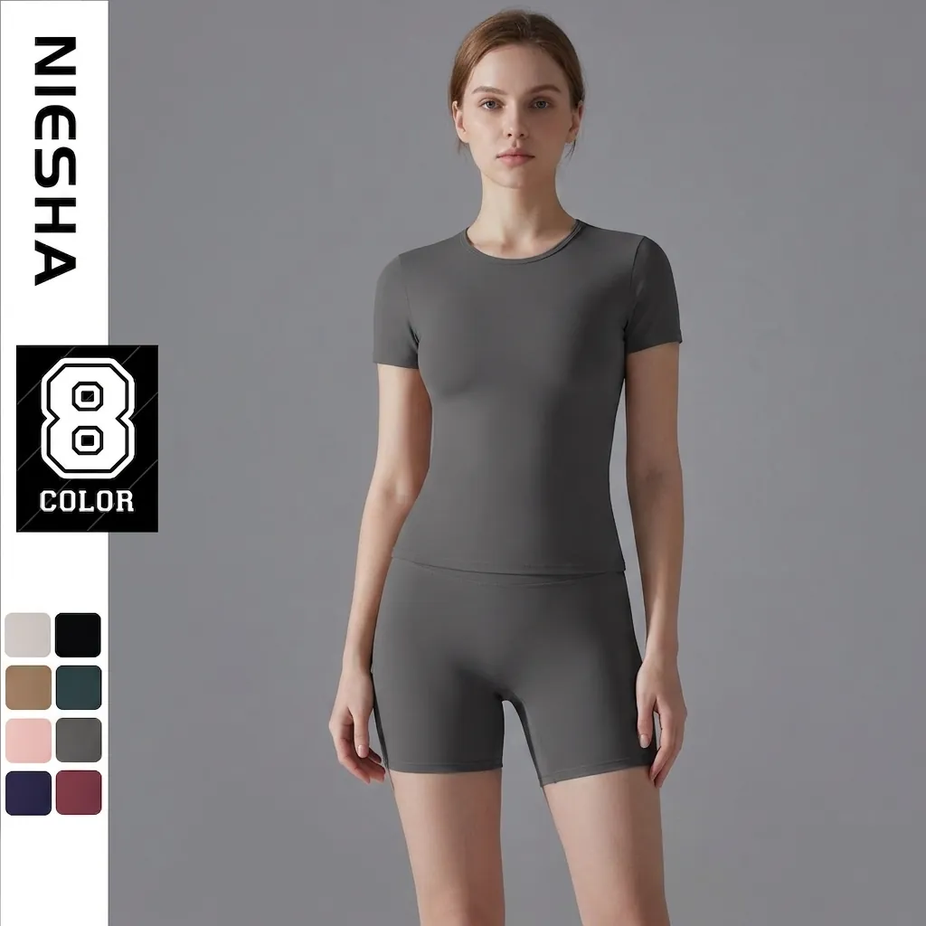 Ensemble de Yoga Séchage Rapide pour Femmes Coupe Slim Haut Manches Courtes et Short Cycliste Tenue de Sport Deux Pièces