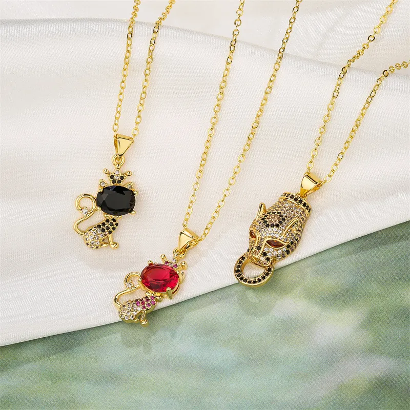 Collana Con Pendente Animale Di Moda In Rame E Zircone Testa Di Leopardo Gatto Con Corona Gioielli Da Donna