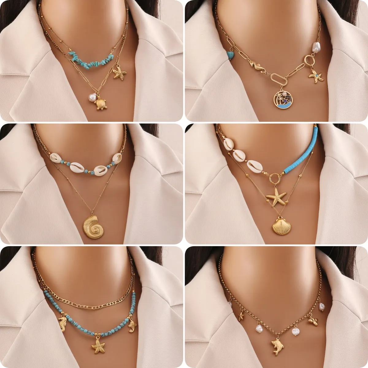 Double Layer Necklace Stainless Steel Shell Faux Artificial Pearl Turquoise Ocean Starfish Turtle Pendant Bohemian Beach Jewelry