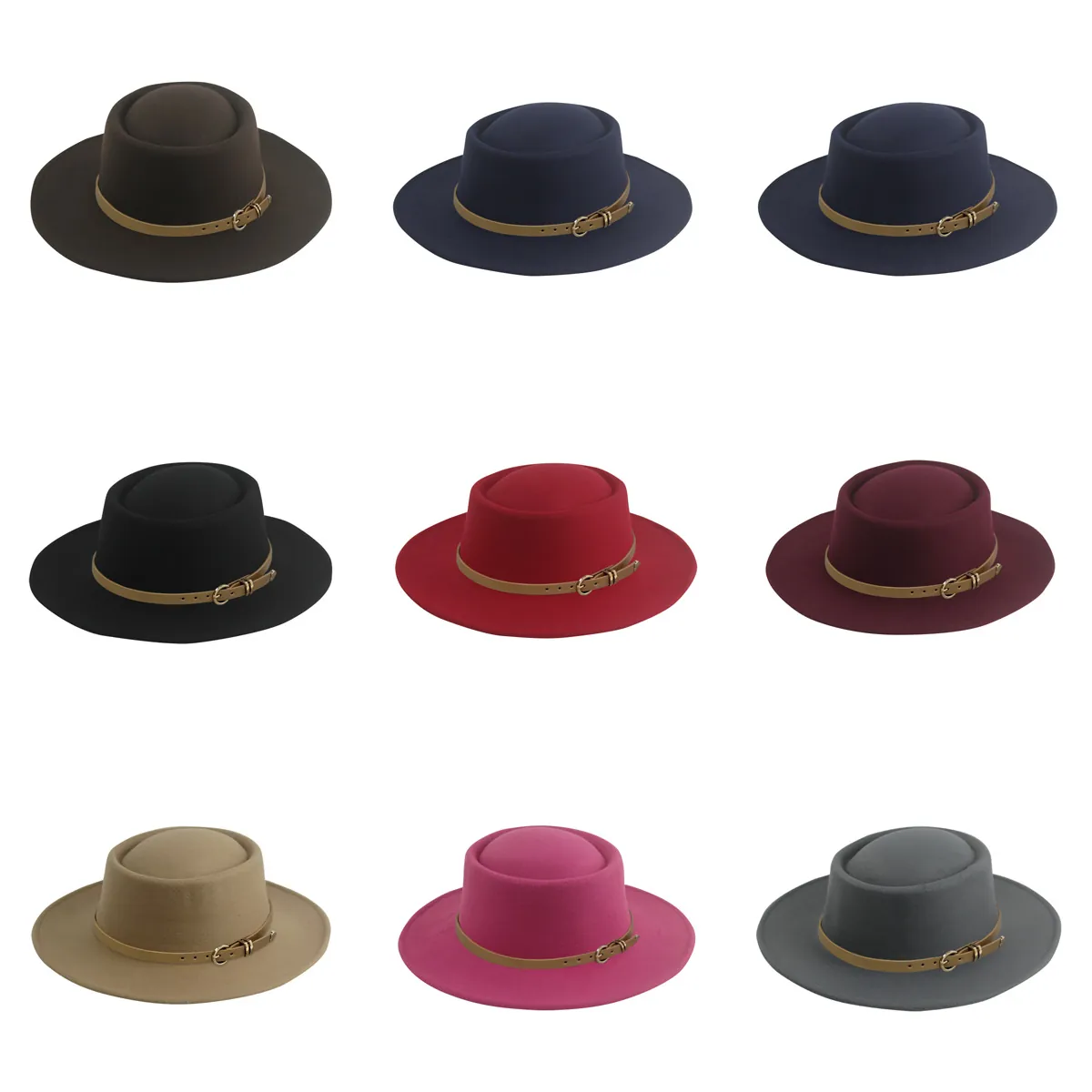 Vintage Boater Hat Wide Brim Flat Top Polyester Felt Jazz Cap With Belt Buckle For Men Women