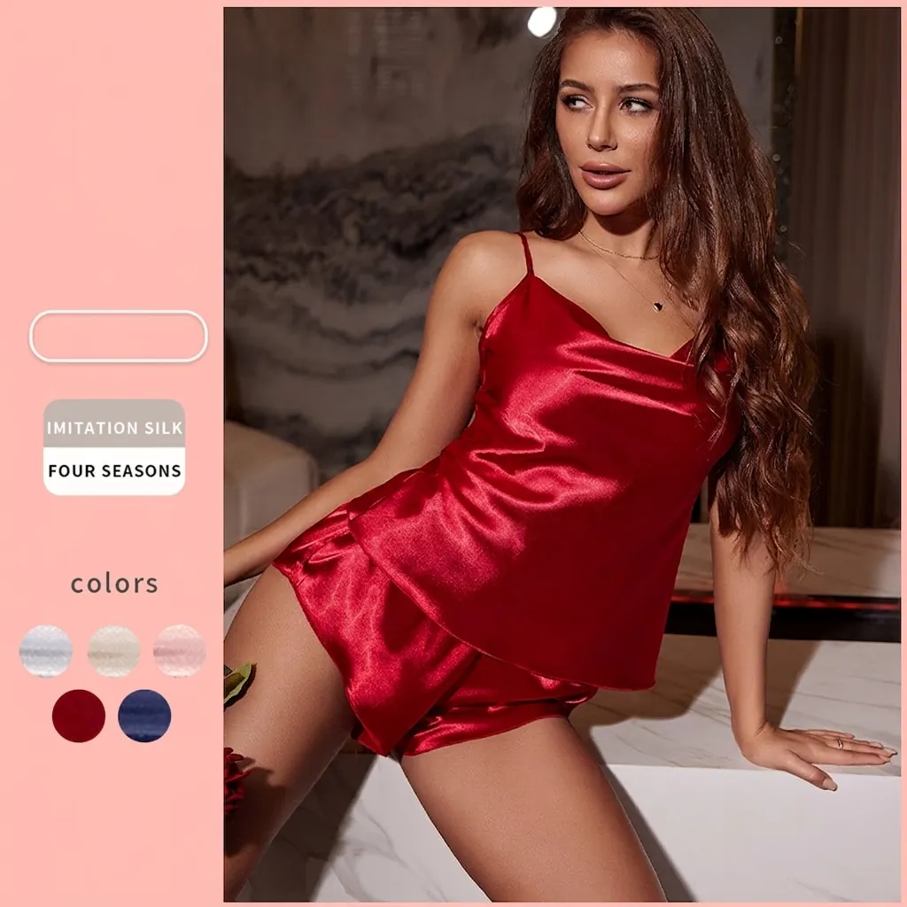 Pyjama Satin Caraco Et Short Femme Vêtements De Nuit Bretelles Spaghetti Texture Satin Sexy Loungewear