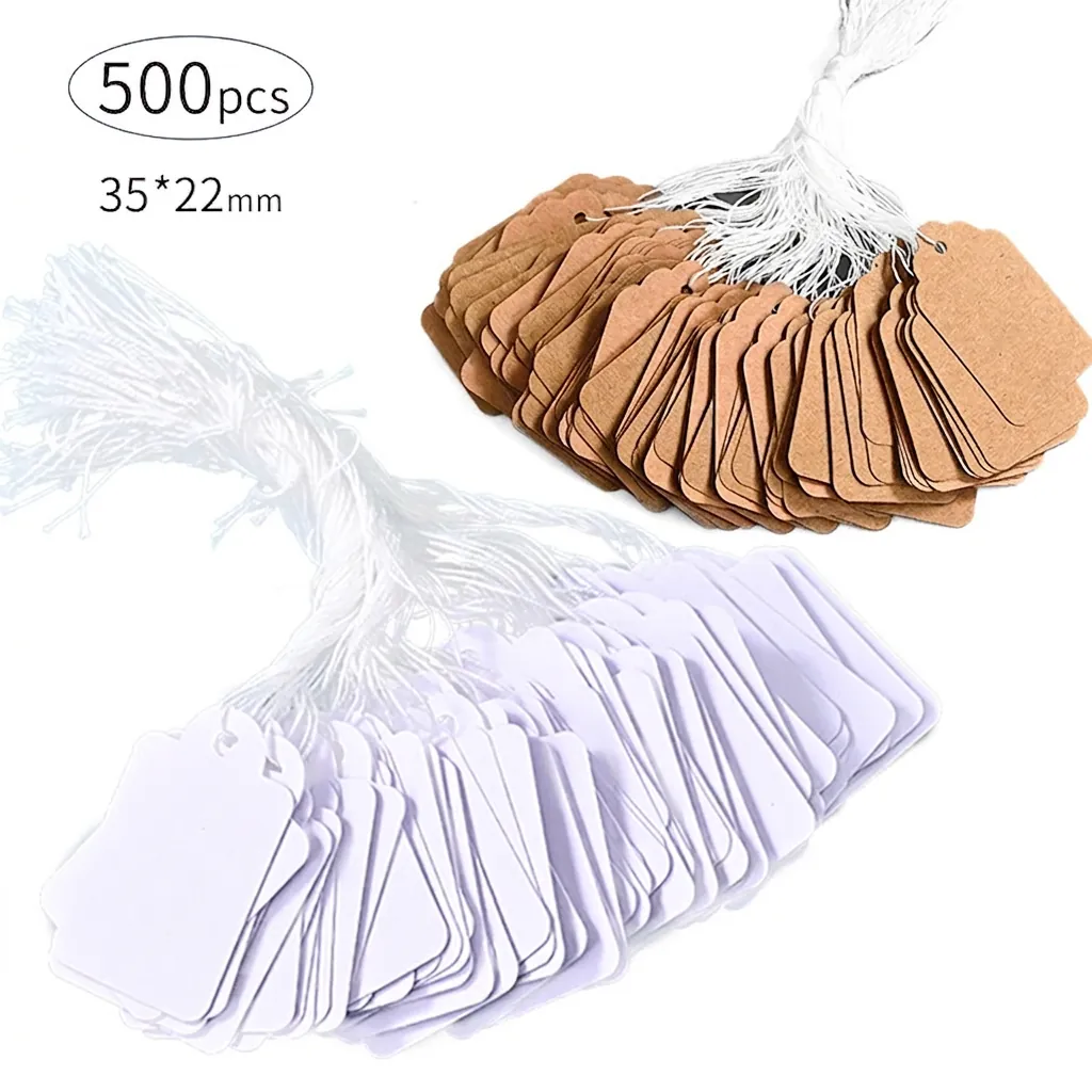 Blank Hang Tags Cardboard Kraft Paper Price Labels With String Wave Edge Round Corner Writeable For Jewelry Clothing Gift Retail Office