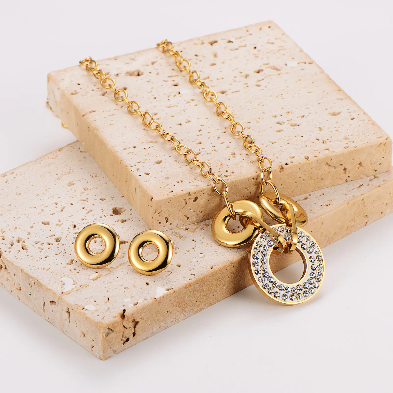 Elegant Gold Plated Stainless Steel Necklace And Earrings For Women Featuring Rhinestone Encrusted Circular Pendant And Round Studs