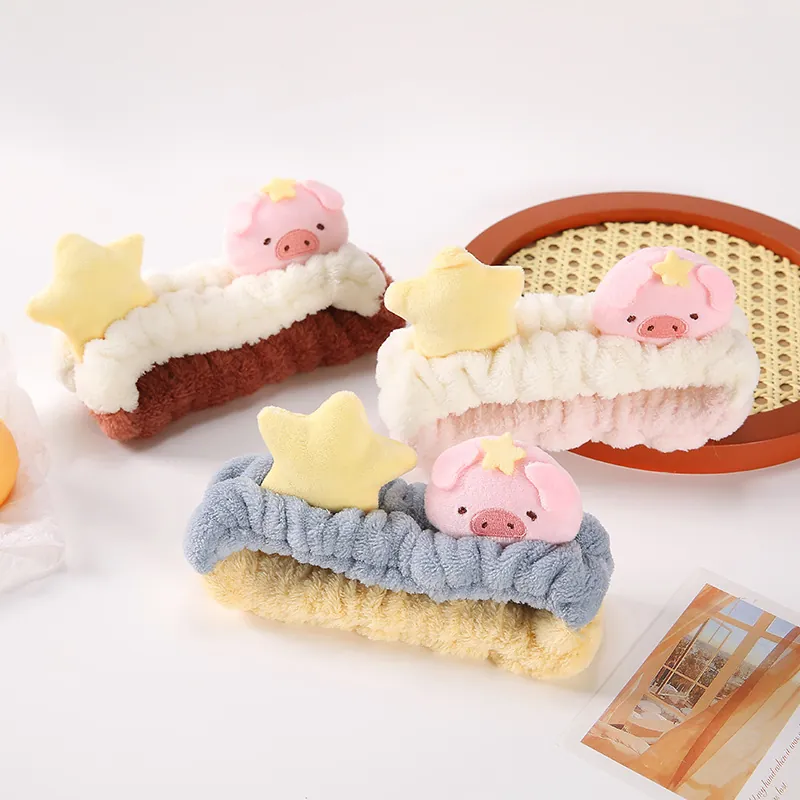 Bandeau Et Poignets En Peluche Flanelle Cochon Étoile Dessin Animé Doux Pour Lavage Du Visage Maquillage Spa