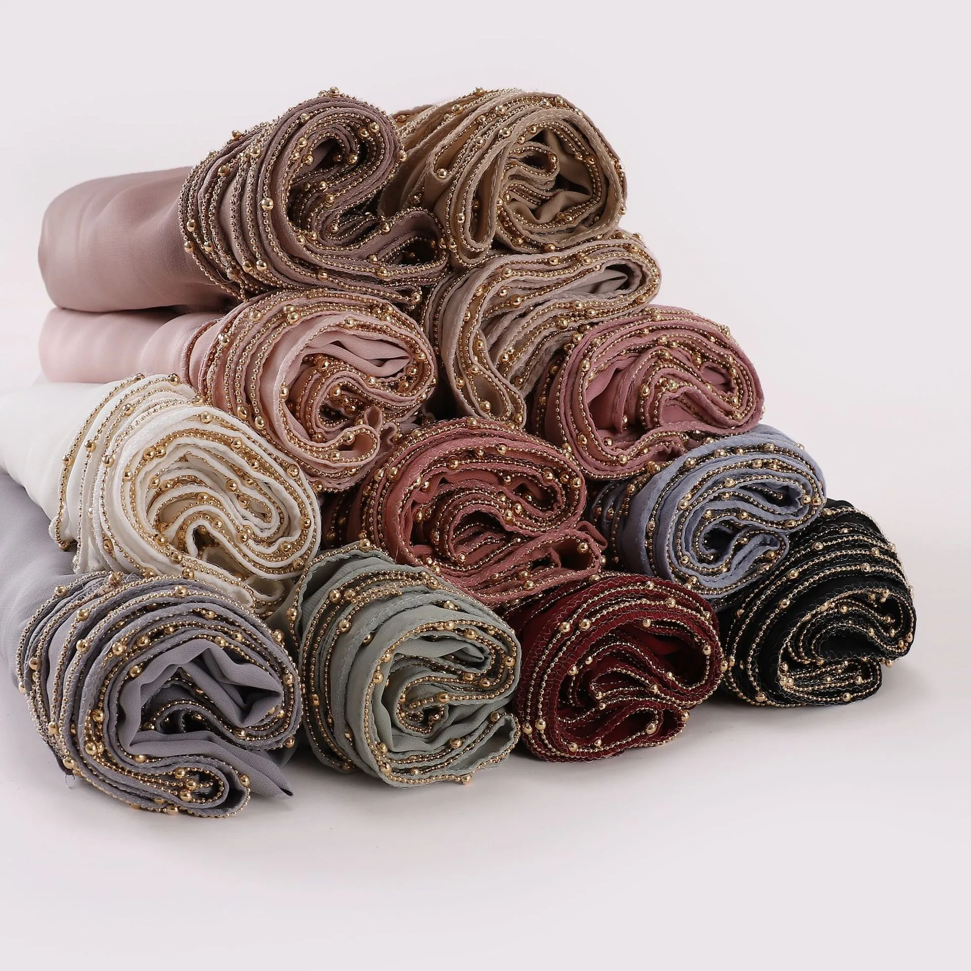 Solid Color Silk-like Hijab Scarf For Women With Metal Bead Chain Fringe Simple Elegant Muslim Long Scarf Versatile Shawl
