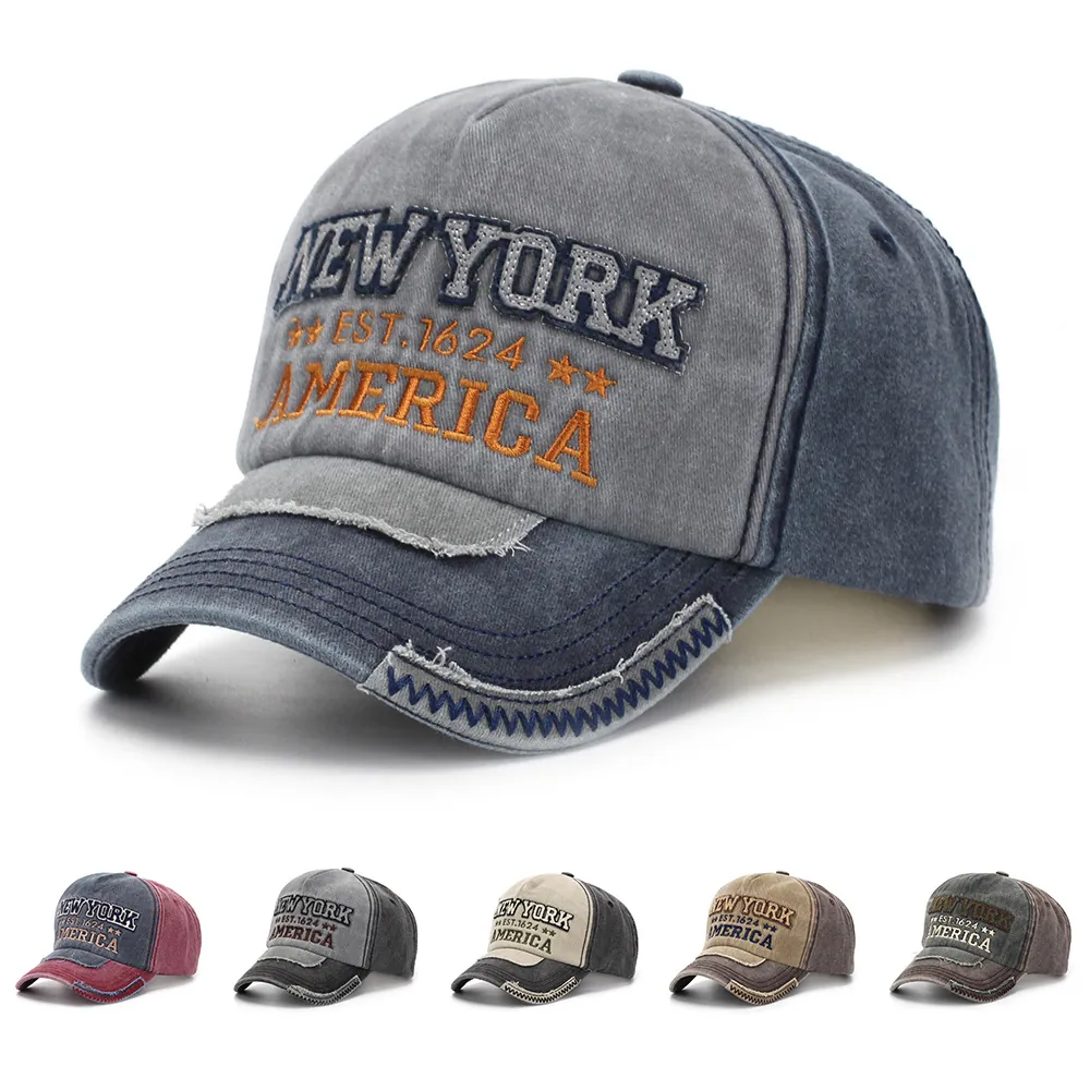 Vintage Washed Cotton Baseball Cap New York Letter Embroidery Distressed Patchwork Curved Brim Adjustable Retro Sun Hat