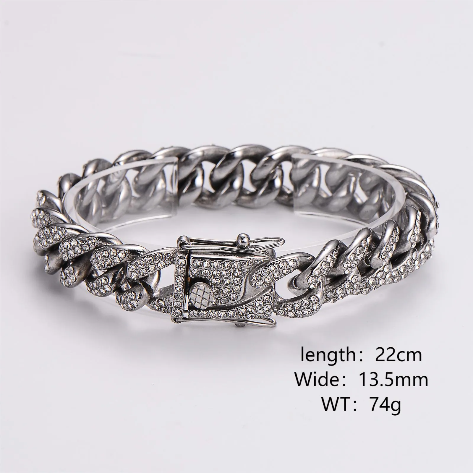 Men Cuban Link Bracelet 316L Stainless Steel Iced Out Rhinestone Hip Hop Punk Jewelry Silver Color Cool Bold
