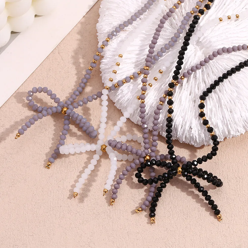Collier Nœud Papillon En Perles Fait Main Pour Femmes Mode De Niche Acier Inoxydable Avec Perles De Cristal Facettées