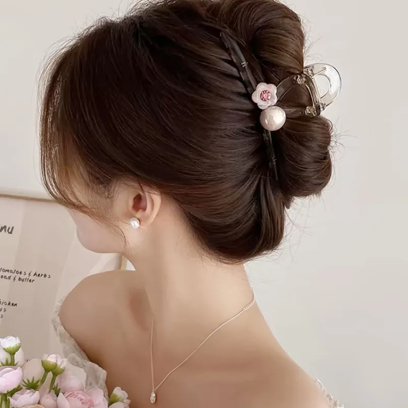 Large Hair Claw Clip Plastic Jelly Color Flower Faux Artificial Pearl Rhinestone Elegant Shark Hair Accessories For Women