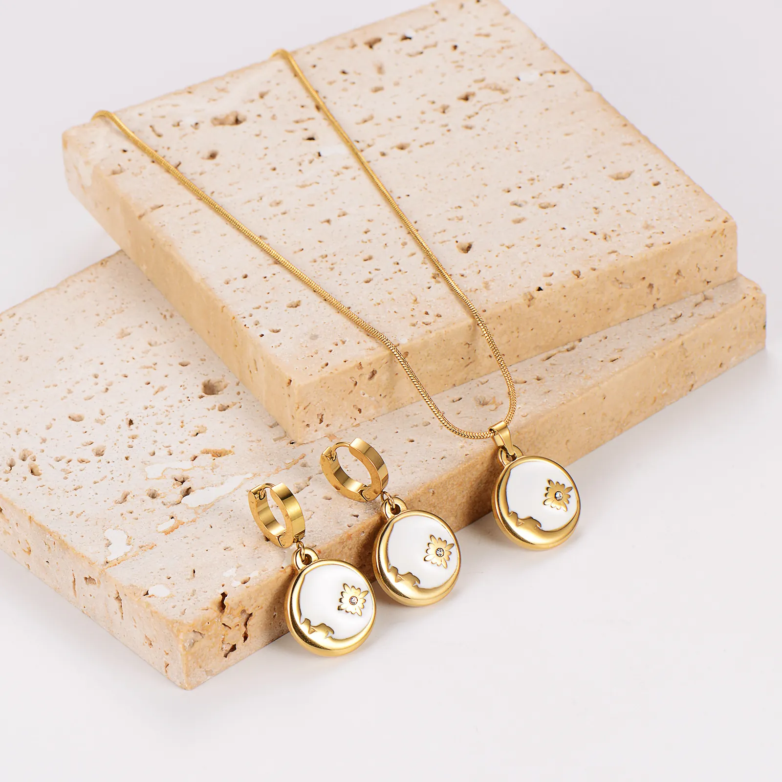 Stainless Steel Jewelry Set For Women Gold Plated White Shell Sunflower Moon Star Rhinestone Necklace And Earrings Set