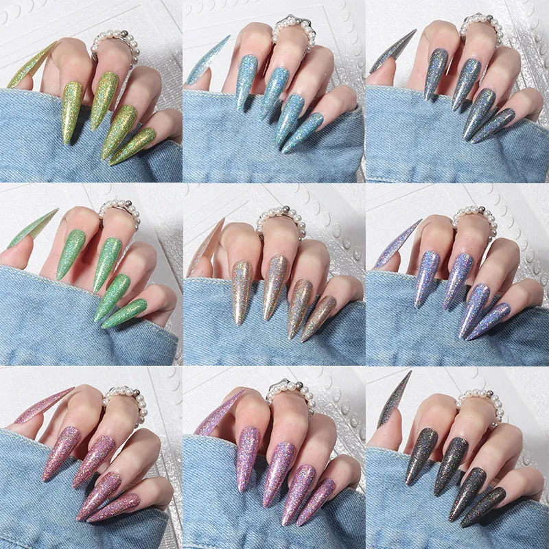 Long Stiletto Press On Nails Holographic Laser Glitter Artificial Fingernails Wearable Multisize Salon Quality Manicure