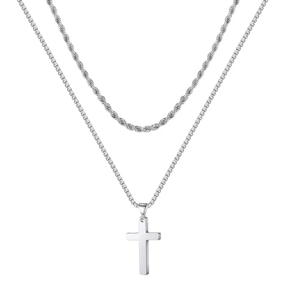 Cross Pendant Necklace Stainless Steel Layered Rope Box Chain Jewelry For Men Hip Hop Style Cool Gift