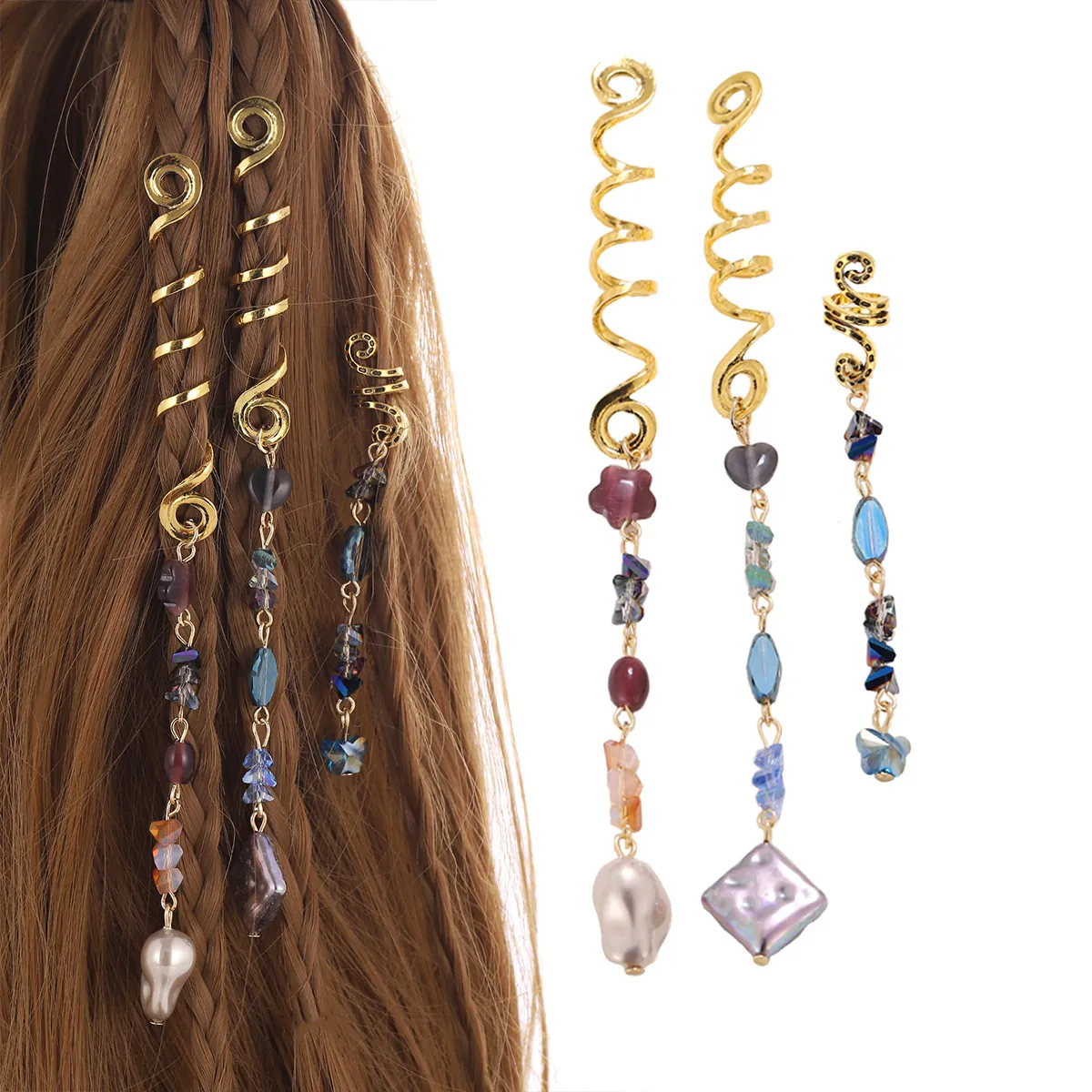 Braid Rings Hair Spirals Gold Alloy With Natural Stone Crystal Pendant Boho Ethnic Dreadlock Accessories For Women