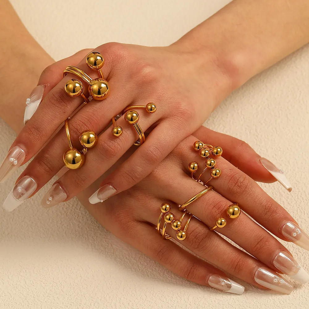 Bagues En Acier Inoxydable Plaquées Or 18 Carats Avec Perles Style Géométrique Asymétrique Ouvert Réglable Minimaliste Femmes Hommes