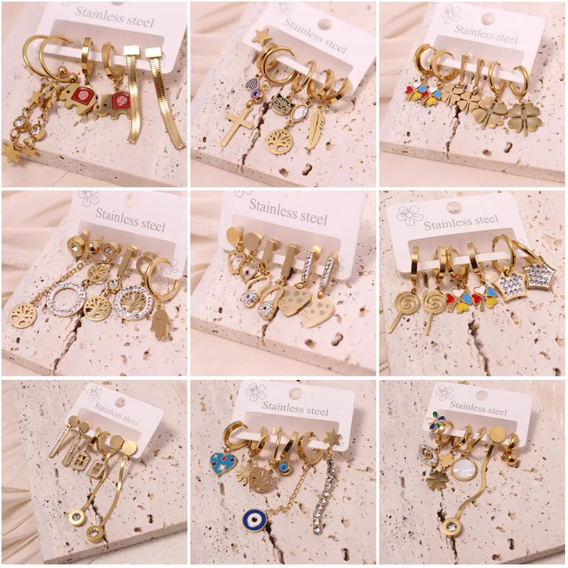 Stainless Steel 18K Gold Plated Earrings Evil Eye Tree Of Life Heart Clover Rhinestone Enamel Bohemian Trendy Jewelry Women