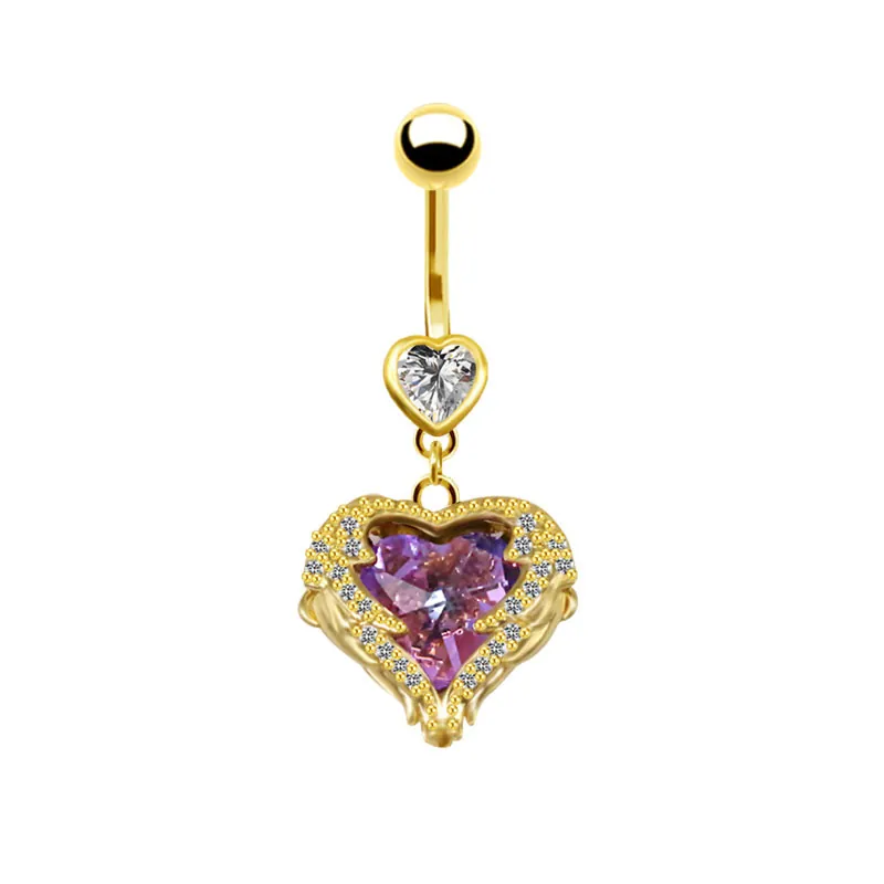 Heart Shaped Angel Wings Belly Ring 316L Stainless Steel Copper Cubic Zirconia Navel Piercing Jewelry For Women