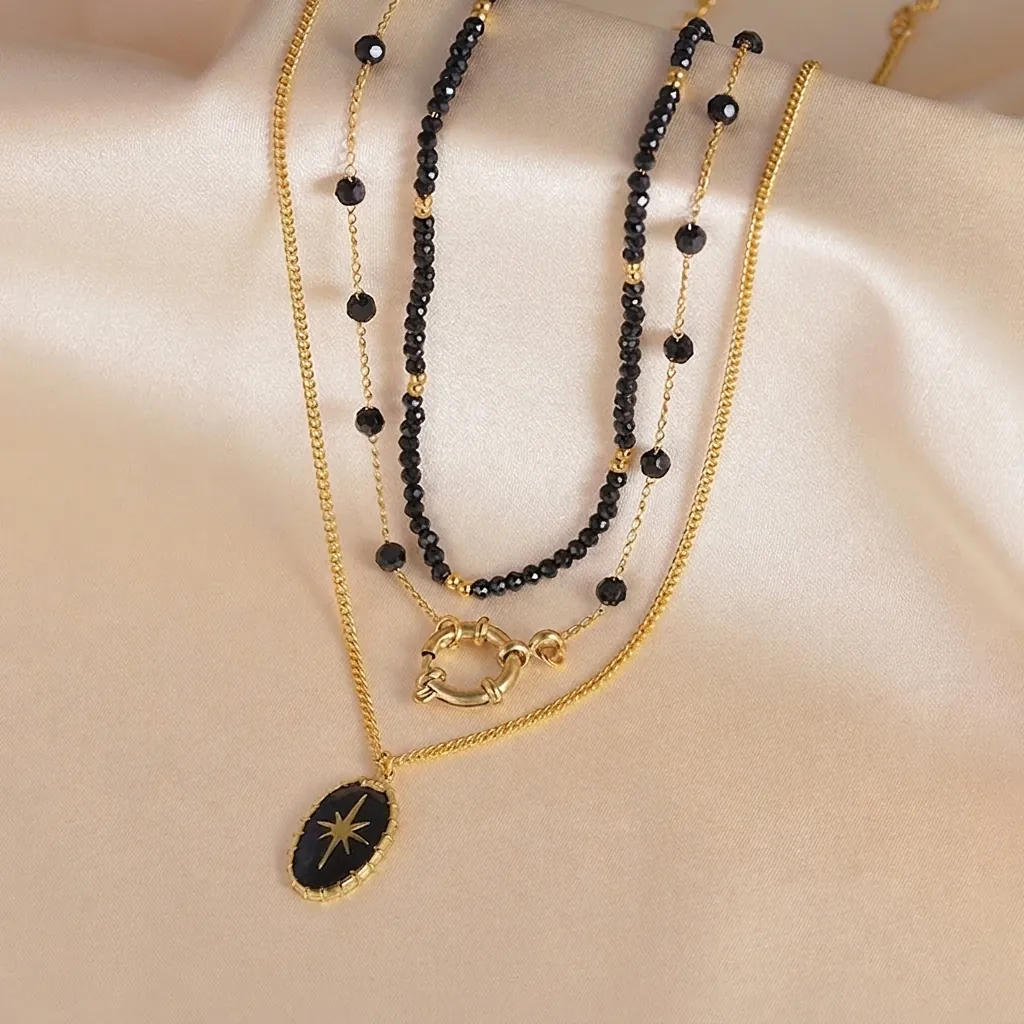 Ethnic Layered Stainless Steel Necklace Gold Plated Enamel Star Pendant Black Beads Multi Layered Jewelry For Women