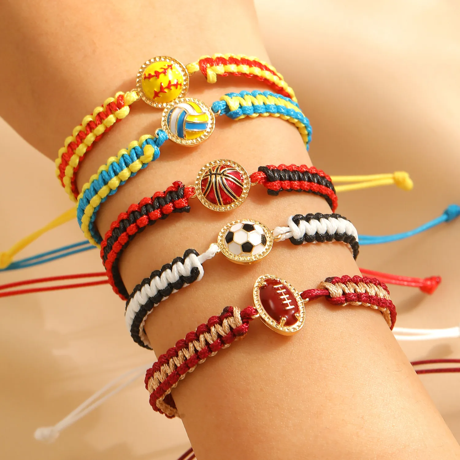 Handgeweven Sportbal Armbanden Legering Voetbal Basketbal Volleybal Honkbal Rugby Verstelbare Touw Sieraden Voor Mannen Vrouwen