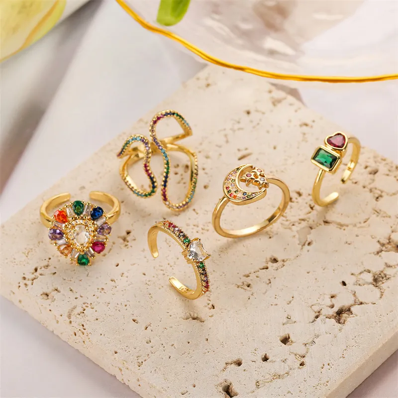 Anello In Rame Regolabile Aperto Cuore Luna Stella Serpente Con Zircone Colorato Micro Pave Gioielli Di Moda Per Donna