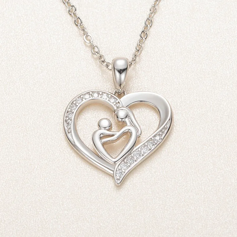 Heart Pendant Necklace Alloy Zircon Mother And Child Hugging Silhouette Mother's Day Gift Fashion Jewelry For Women Mom