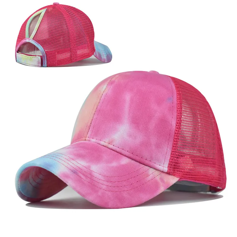Tie Dye Ponytail Baseball Cap Women Mesh Back Trucker Hat Cotton Polyester Adjustable Outdoor Sun Protection