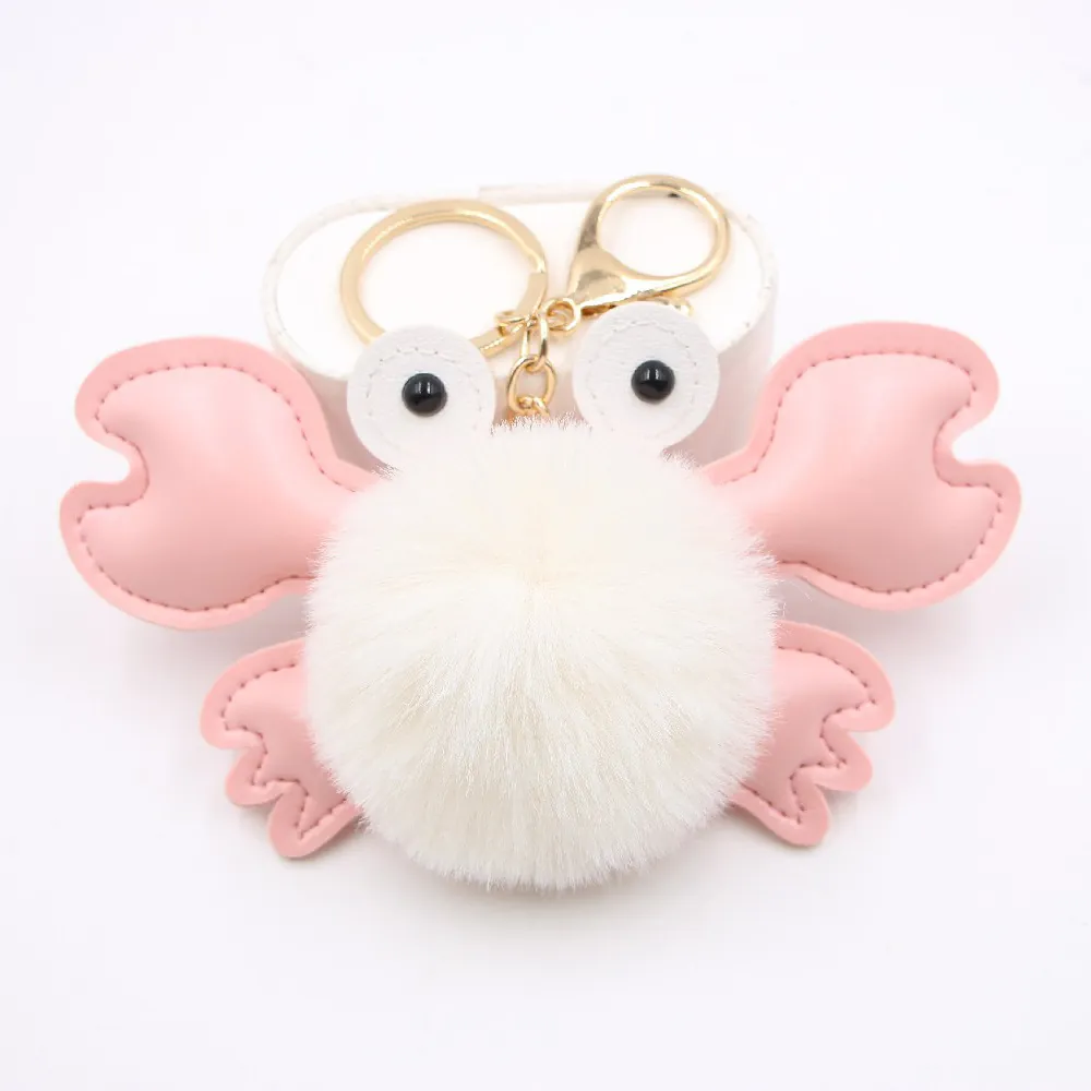 Crab Keychain Faux Fur Hairball PU Leather Pendant Cute Cartoon Bag Charm Soft Plush Key Ring Novelty Gift