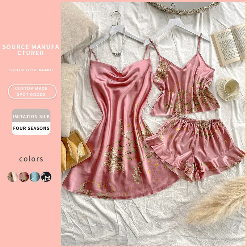 Nuisette Caraco Et Short En Satin Imprimé Fleuri Pour Femmes Col En V Dos Nu Vêtements De Nuit D'Été