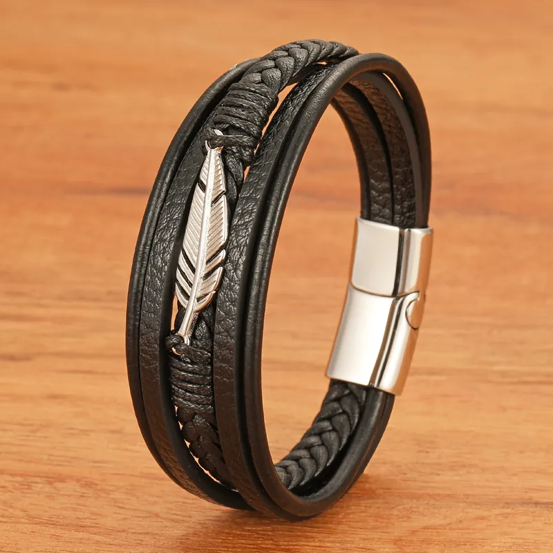 Multilayer Lederarmband Mit Federanhänger Edelstahl Magnetverschluss Geflochten Punk Vintage Armreif Schmuck Für Herren