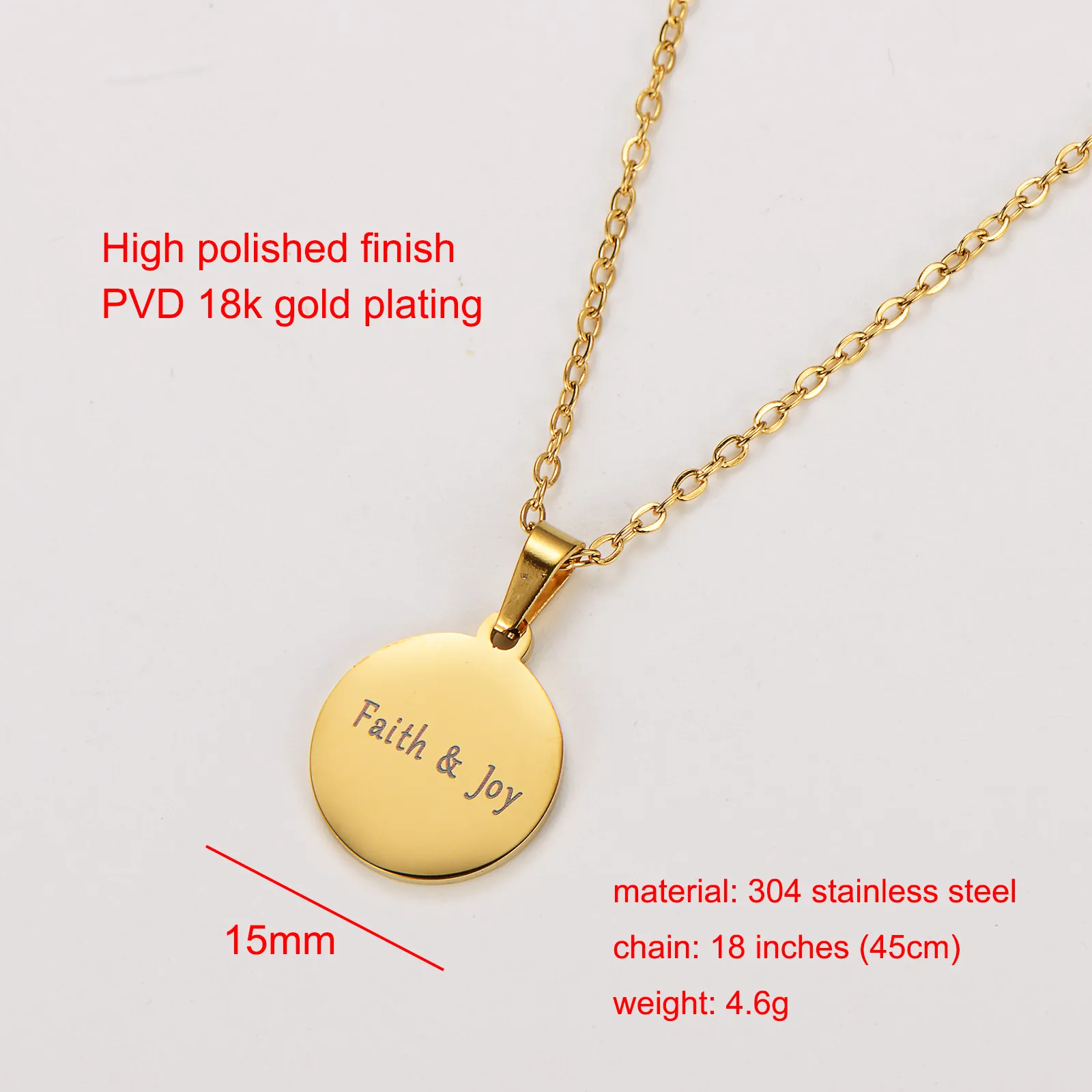 Collier Pendentif Rond Gravé Faith And Joy Acier Inoxydable 304 Poli Miroir Plaqué Or Bijoux Inspirants