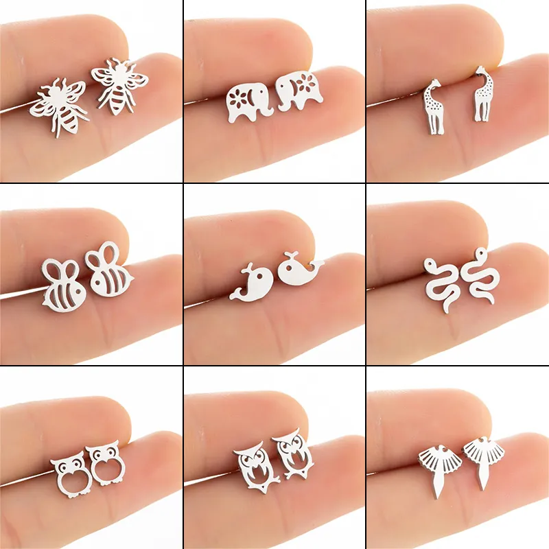 Stainless Steel Animal Stud Earrings Owl Bee Elephant Snake Whale Giraffe Bird Hollow Out Minimalist Tiny Jewelry For Women