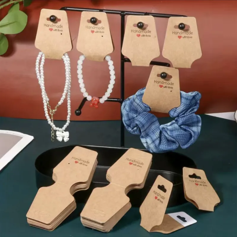 Jewelry Display Cards Self Adhesive Folding Kraft Paper For Necklace Bracelet Hair Ties Handmade With Love Packaging Tags