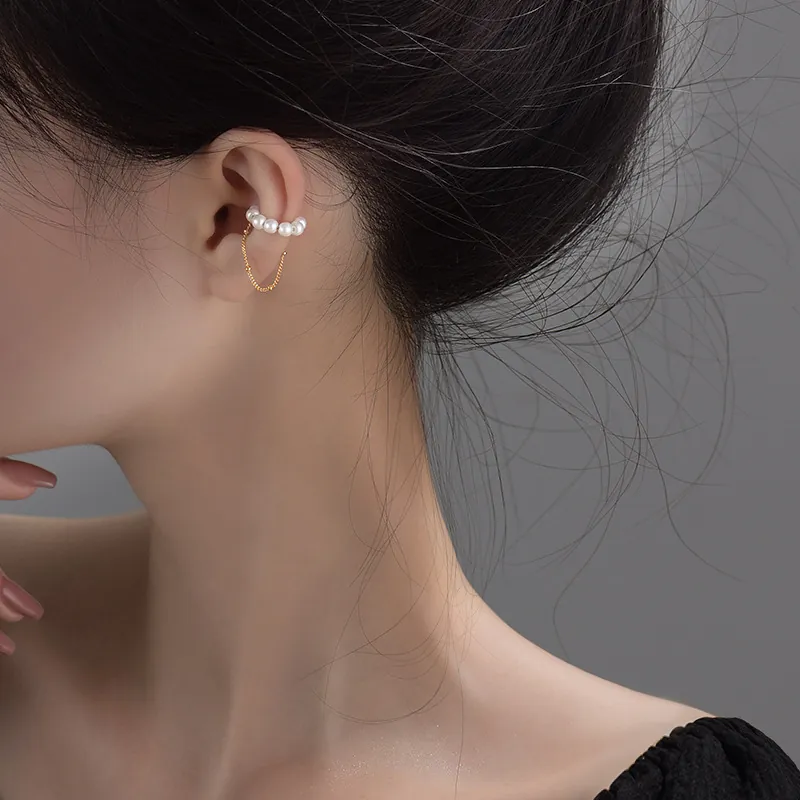 Artificial Pearl Tassel Ear Cuffs Copper Artificial Pearl Non Piercing Clip On Earrings Elegant Korean Style For Women