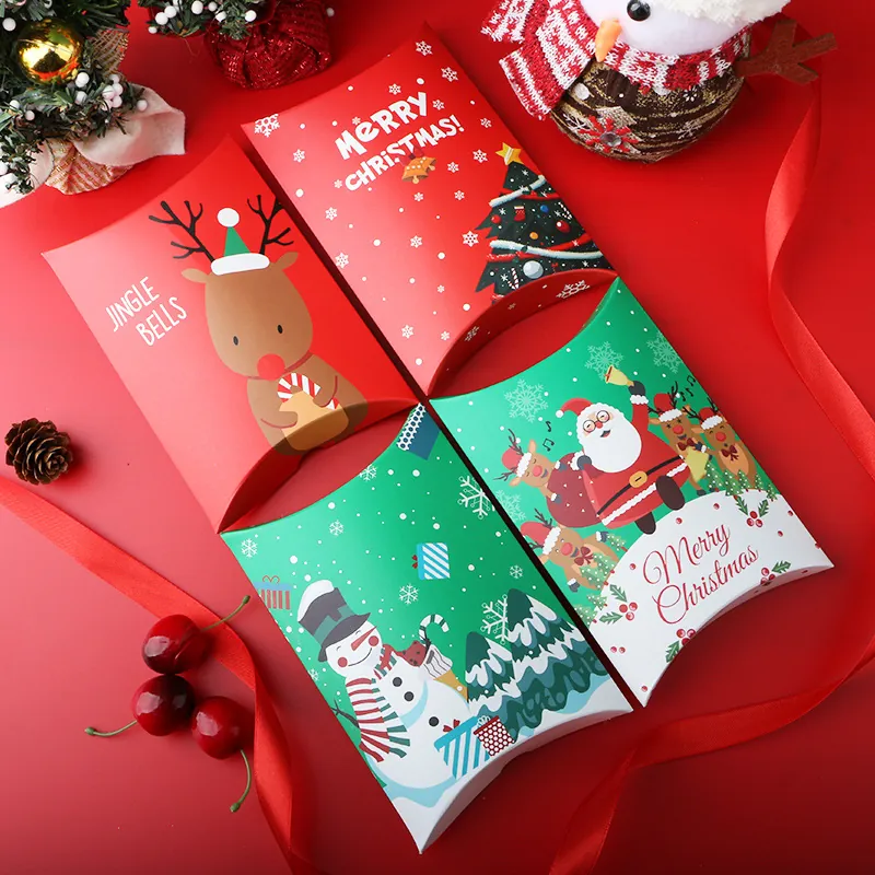 Pillow Gift Box White Cardboard Christmas Halloween Party Candy Cookie Packaging Cartoon Santa Reindeer Festival Favor Bags