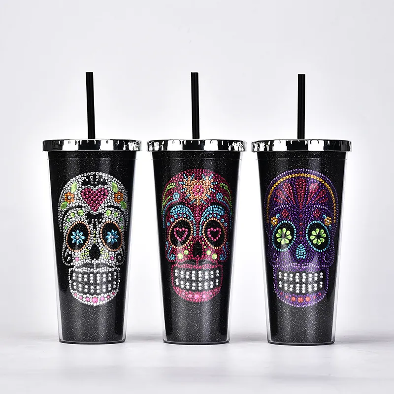 Rhinestone Skull Straw Cup Double Layer Plastic Glitter Tumbler With Lid For Halloween Party Drinkware