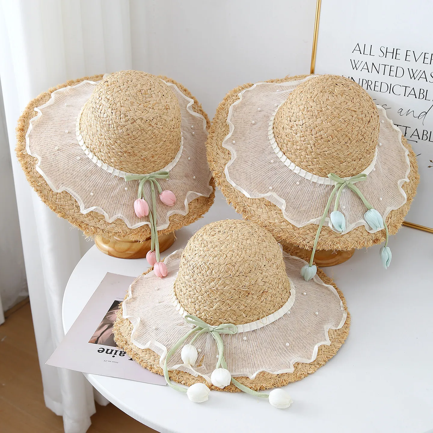 Cappello Di Paglia A Tesa Larga Con Pizzo Künstliche Perle E Nastro Tulipano Protezione Solare Traspirante Spiaggia Estate Donna
